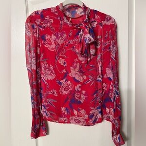 Free People Red / Pink Floral Bow Top